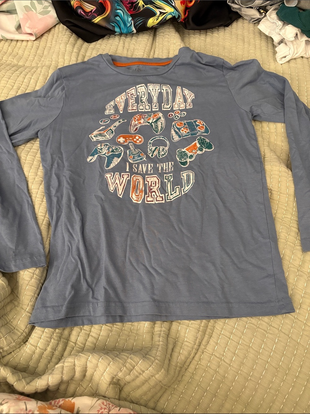 Falls Creek Blue Long-Sleeve Graphic Tee with Multicolor Gamer Icons